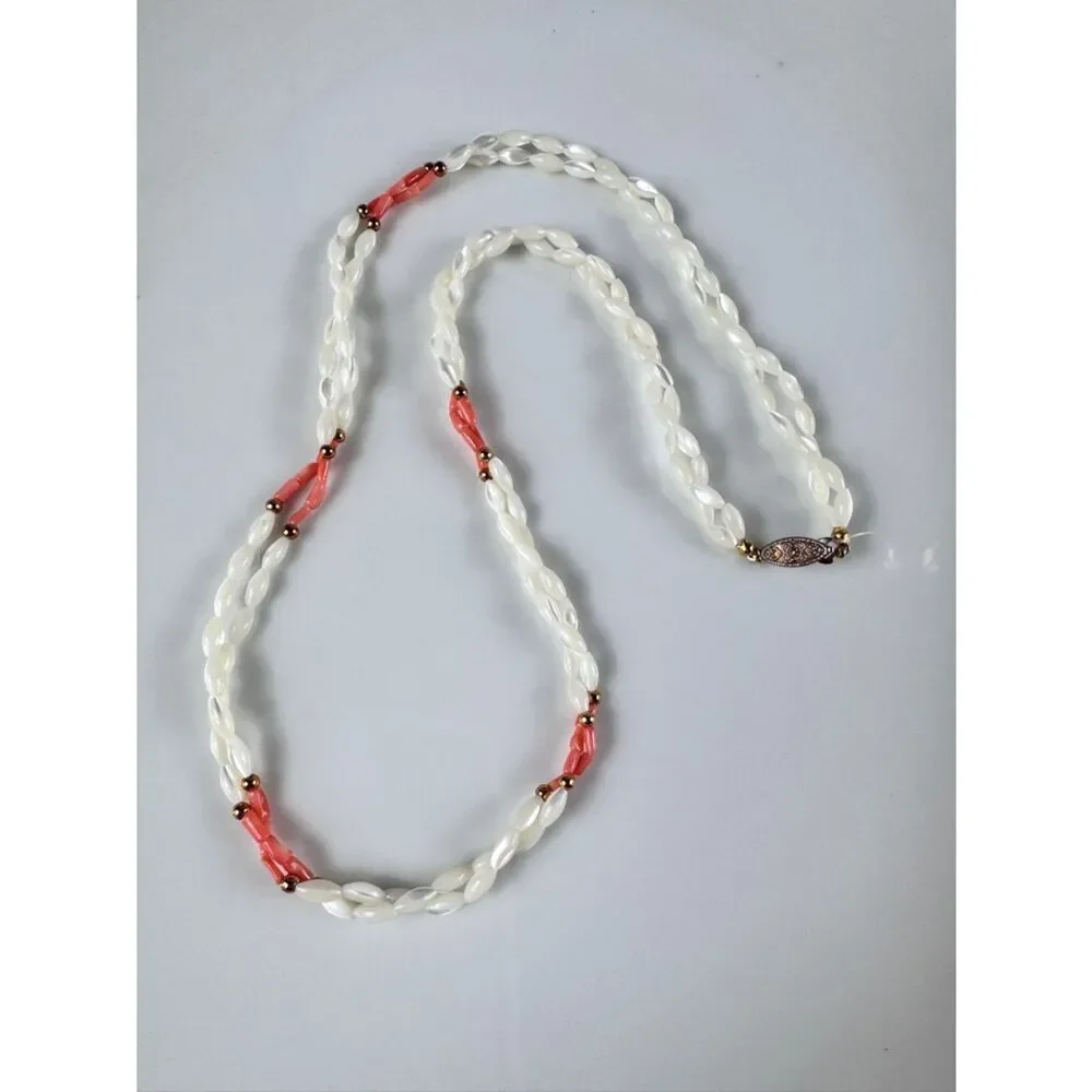 Vintage Mother Of Pearl White and Coral Beaded Necklace with Gold Accents